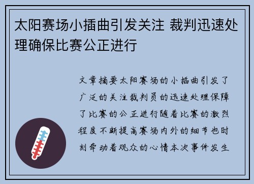 太阳赛场小插曲引发关注 裁判迅速处理确保比赛公正进行