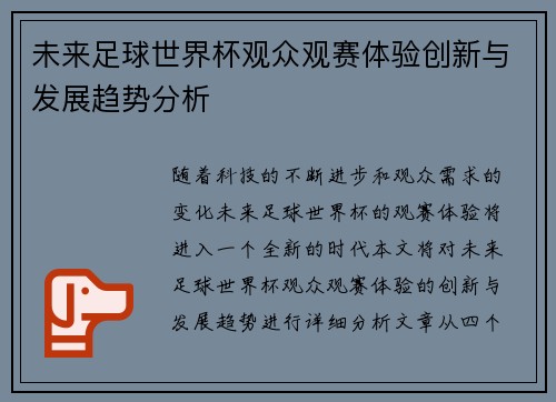 未来足球世界杯观众观赛体验创新与发展趋势分析