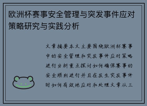 欧洲杯赛事安全管理与突发事件应对策略研究与实践分析